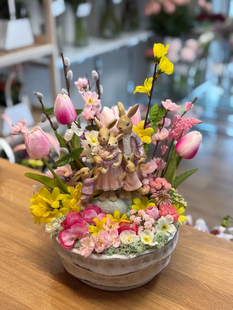 Easter Table Decoration – Spring Bunny Family in a Blooming Garden